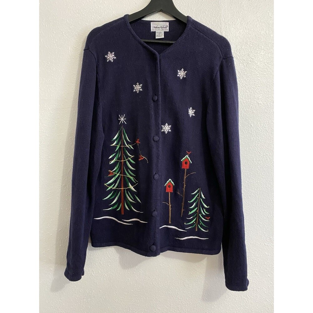 Anthony Richards Vtg Sweater Cardigan Womens XL Embroidery Embellished Holiday D